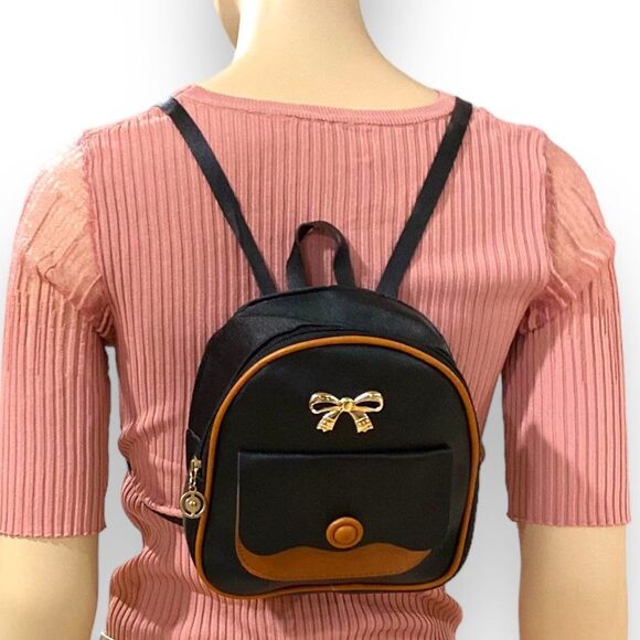 Black Mini Crossbody Backpack Multi Compartments Brown Accent Mini Bag - Picture 4 of 4